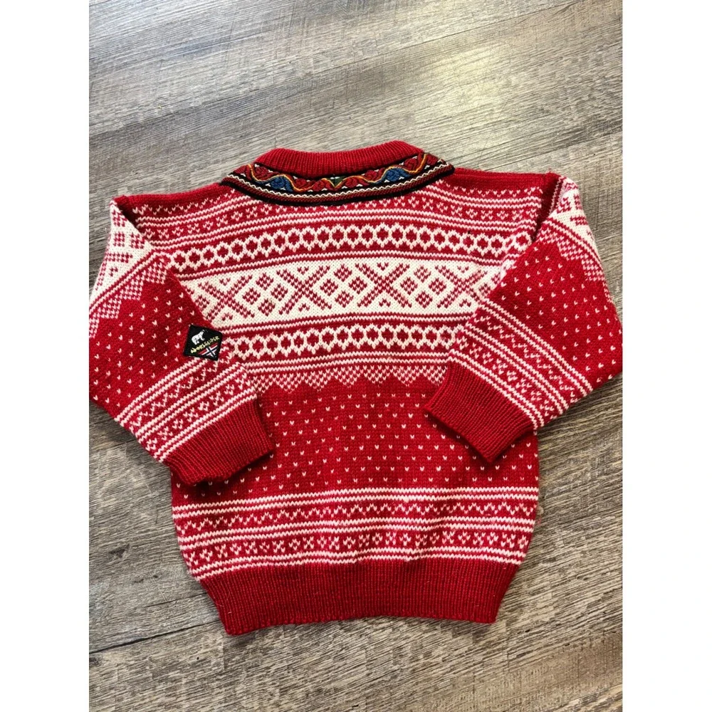 Norlender Norwegian Knit Sweater Kids 4 Red Good Fair Isle Wool Pewter Clasps